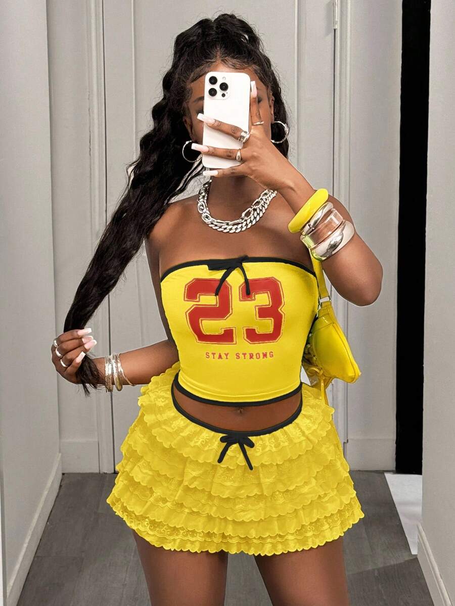 Slaydiva 2025新款夏季音乐节返校季休闲街头运动甜美Y2K抹胸黄色撞色边绿色23数码印花短背心+多层蕾丝蛋糕裙黄色迷你裙裤子女两件套-A - 黃色 - 查看 1