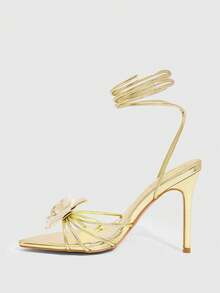 CUCCOO SZL Women's Gold Metallic Camellia Decor Lace-Up Sexy Elegant French Romantic Pointed Toe High Heel Sandals - Gold - View 6
