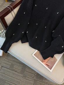 GlowEve CURVE 女士优雅宽松珠饰长袖加大码毛衣，适合婚礼宾客，女士夜间外出装，秋冬季 - 黑色 - 查看 4