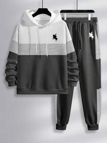 Manfinity Homme Men's Casual Contrast Color Patchwork Hoodie And Sweatpants Set, Autumn/Winter - Multicolor - View 3