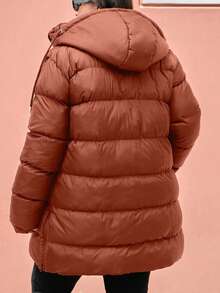 EURMUSE Plus Size Zip Up Drawstring Hooded Padded Coat - Brown - View 2
