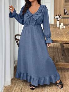 Weeklong Plus Size Women Solid Color Ruffle Collar Front Tie Long Sleeve Elegant Dress - Blue - View 4