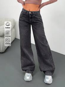 EURMUSE Low Waist Wash Detailed Wideleg Jean - Dark Grey - View 3