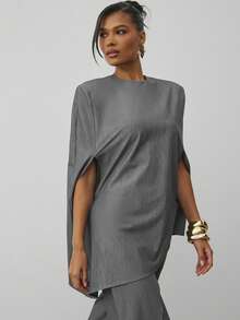 Hauture 女士性感办公室休闲垫肩不对称下摆商务连衣裙 - 灰色 - 查看 4