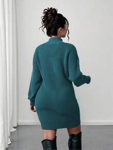 Elenzga Rochie pulover tricotată cu mânecă lungă, model plus size, cu guler rotund, cu umeri căzuți, culoare solidă - Verde albastrui - Vizualizare 2