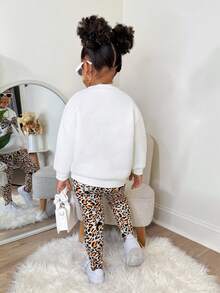 SHEIN 2pcs/Set Girls Cute Bow & Leopard Print Loose Sweatshirt + Leggings, Thickened, Versatile, Fashionable Casual Outfit - Multicolor - View 2