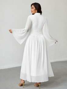 Firerie 大码女式优雅浪漫优雅日常通勤海滩度假立领褶皱高腰 A 字形喇叭长袖连衣裙 - 白色 - 查看 2