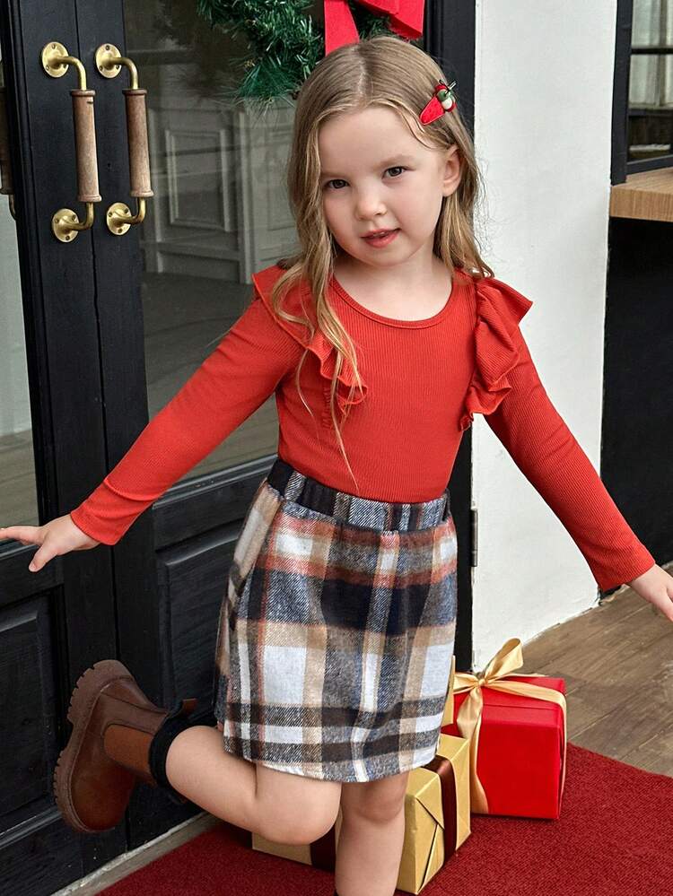 2pcs/Set Young Girl Christmas Ruffle Trim Top And Plaid Skirt Set