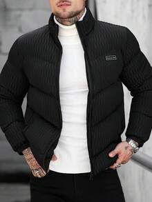 Manfinity CasualCool Áo khoác nam cổ đứng màu đen có khóa kéo, đệm lót, thiết kế xếp ly, phong cách đường phố thường ngày, đa năng, quà tặng bạn trai, áo khoác ngoài - màu đen - Xem 1