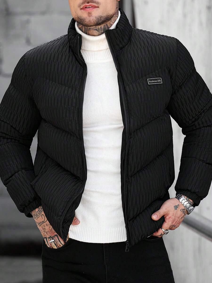 Manfinity CasualCool Áo khoác nam cổ đứng màu đen có khóa kéo, đệm lót, thiết kế xếp ly, phong cách đường phố thường ngày, đa năng, quà tặng bạn trai, áo khoác ngoài - màu đen - Xem 1