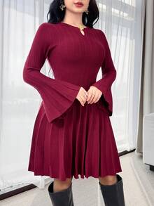 Modelyn A 字型针织连衣裙，修身优雅毛衣裙，女士秋冬服装 - 酒紅色 - 查看 6