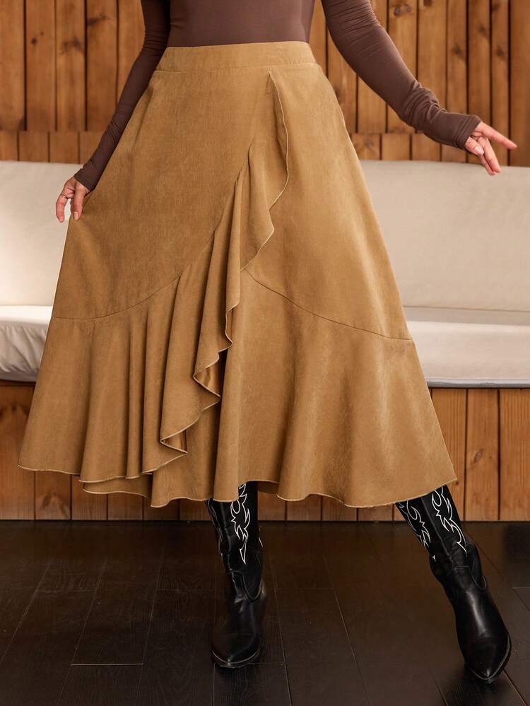 Falda envolvente con volantes de color marrón casual y cómoda para mujer de talla grande, para otoño e invierno, estilo campestre, para concierto country, larga y de color marrón para mujer de estilo campestre, para concierto country