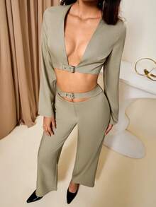 Bluhae 女士镂空长袖上衣和宽松直筒裤不对称系带腰部两件套 - 卡其色 - 查看 3