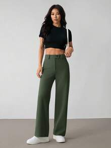 SHEIN PETITE Quần ống suông dáng suông đơn sắc cài nút eo cho nữ - xanh quân đội - Xem 2