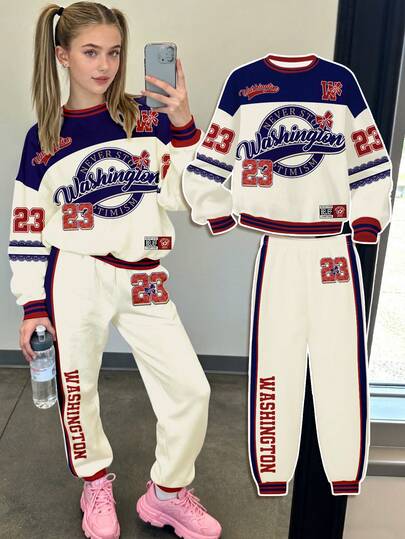 Maillard Color, Retro Contrast Color Letter & Number 23 Graphic Print, Vintage Sports College Style, Street Vibe, Casual Campus Sporty Look, Teen Girl Relaxed Loose Comfortable Crew Neck Long Sleeve Sweatshirt & Pants 2 Pieces Set. Suitable For Outdoor Picnic, Street Photography, Home, Campus