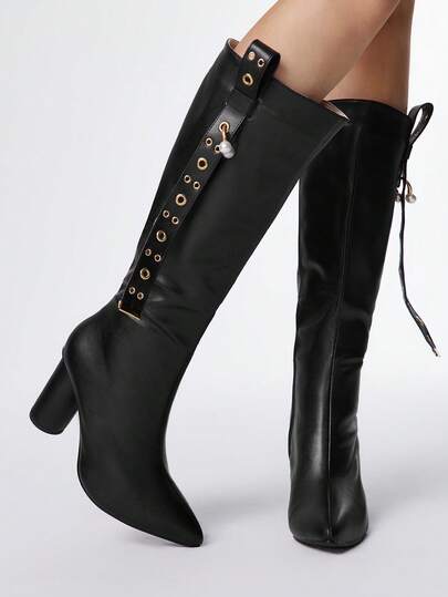 Grunge Punk Women's High Heel Boots, Versatile Elegant Pointed Toe Fashion PU Thick Heel Boots, Autumn/Winter