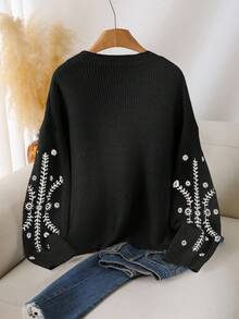 CosyJoli Plus Size Casual Round Neck Fitted Embroidered Floral Pullover Sweater/Winter