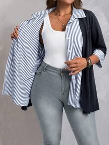 EMERY ROSE Plus Size Casual Commuter Striped Patchwork Shirt, Autumn/Winter - Navy Blue - View 6