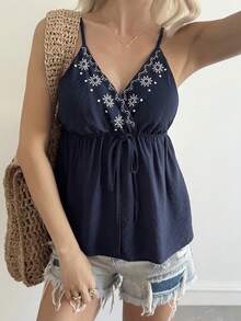 DAZY Women's Bohemian Style Floral Embroidered Camisole Top, Vacation Wear - Navy Blue - View 4