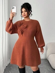 Elenzga Plus Size Knitted Dress, Round Neck, Lantern Sleeves, Handmade Floral Decor, A-Line, Solid Color, Autumn/Winter