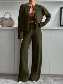 EURMUSE Women Button Front Cardigan And Sweater Pant 2pcs Set Co-Ords Two Pieces Set - Army Green - View 5