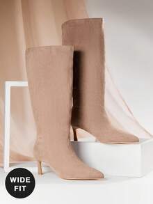 SHUZIA Women's Wide-Calf Fashionable & Comfortable Point Toe Side Zipper Kitten Heel Mid-Calf Boots For Christmas - Apricot - View 4