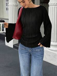 Elenzga Höst/vinter Skjorta med rund hals, utsvängda ärmar och åtsittande midja - Svart - Visa 3