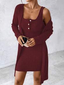 SHEIN 女士性感两件套蓝色连衣裙，秋冬 - 酒紅色 - 查看 4