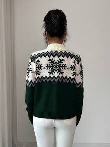 SHEIN Elenzya Elegant Women Sweater, Fair Isle Pattern, Color Block Zip-Up Sweater, Christmas Pattern, Autumn/Winter Sweater - Dark Green - View 2