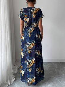 Elenzga Women's Floral Print Round Neck Short Sleeve Slit Hem Long Shirt For Vacation