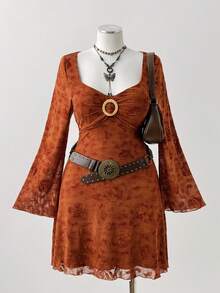 Sunspun 加大码植绒领网纱透视腰修身迷你连衣裙，秋季时尚 - 彩色 - 查看 7