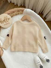 SHEIN Apricot Bowknot Cardigan, Cute & Versatile For Baby Girls, Autumn/Winter - Khaki - View 2