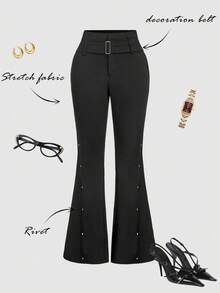 SHEIN MOD 女士纯色喇叭裤，适合通勤、哥特风、派对、Y2K风、复古风、现代风、朋克风、性感风、时尚风、夏季风、春季风、新年装扮、度假风 - 黑色 - 查看 1