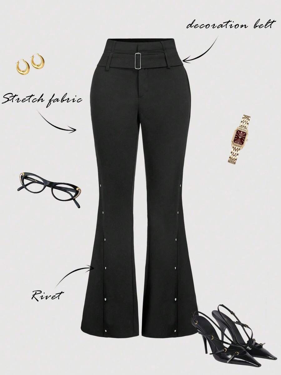 SHEIN MOD 女士纯色喇叭裤,适合通勤、哥特风、派对、Y2K风、复古风、现代风、朋克风、性感风、时尚风、夏季风、春季风、新年装扮、度假风 - 黑色 - 查看 1