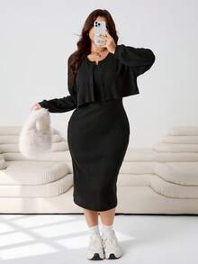 SHEIN EZwear Ensemble 2 pièces top à manches longues et jupe de couleur unie minimaliste grande taille, tenue de tous les jours