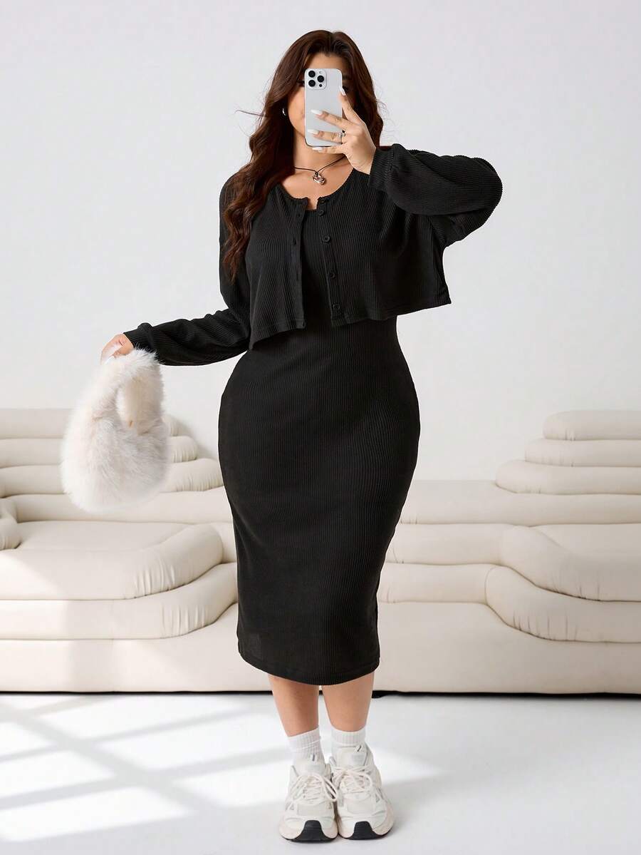SHEIN EZwear Ensemble 2 pièces top à manches longues et jupe de couleur unie minimaliste grande taille, tenue de tous les jours