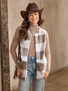 SHEIN LUNE 秋冬款水牛格纹印花开襟泰迪熊背心外套