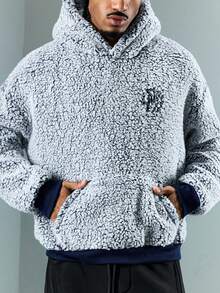 ROMWE MEN Casual 男士抓绒连帽衫，带口袋，秋冬休闲长袖上衣 - 藍色 - 查看 3