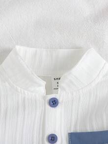 SHEIN Vintaside Kids Bộ 2 món bé trai áo sơ mi cổ bẻ có cúc và túi, quần short lưng thun, sọc xanh trắng, phong cách retro thoải mái, casual cho mùa thu, sinh nhật - Màu xanh lam - Xem 5