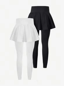 SHEIN 2件套 少女休闲百搭芭蕾舞运动蝴蝶结裙裤 - 黑色 - 查看 2