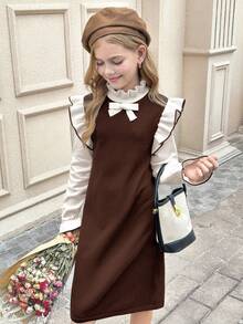 SHEIN Tween Girls Apricot Dark Brown Jacquard Bow Tie Off-The-Shoulder Long Sleeve Sweater Dress,Vintage Autumn Back-To-School Family Matching Formal Dress - Brown - View 7