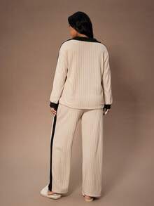 Lazeform Große Größen Amerikanischer Lässig Strukturierter Stoff Buchstaben-Muster V-Ausschnitt Langarm Pyjama Set für Damen, Herbst & Winter Kleidung - Aprikosenfarben - Übersicht 3