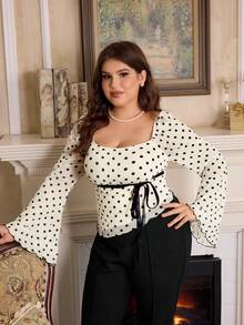 SHEIN MOD Áo thun lưới tay loe chấm bi trắng cổ điển thanh lịch cỡ lớn. Áo thun lưới cổ vuông chấm bi tay loe nơ cho nữ, Áo đi chơi, Sinh nhật, Câu lạc bộ, Gợi cảm, Y2K, Hòa nhạc đồng quê - Nhiều màu - Xem 7