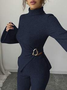 Elenzga 新款女式高领罗纹针织抓绒不对称金属装饰喇叭袖上衣和喇叭裤套装，百搭日常穿着，优雅青春，秋冬 - 寶藍色 - 查看 3