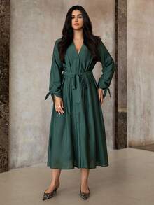 Roveilla Áo cánh tay dài dáng rộng cổ chữ V bèo nhún đôi cỡ lớn dành cho nữ, phong cách đường phố giản dị, lãng mạn kiểu Pháp ngọt ngào, thanh lịch, phù hợp cho đi làm văn phòng, đa năng cho mùa thu/đông, váy xanh đậm cỡ lớn dành cho nữ, váy xanh lá cây, váy midi cong, váy dài tay thanh lịch, váy xanh Hunter - màu xanh lá - Xem 3