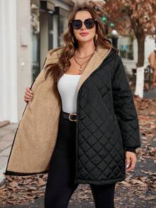 SHEIN Clasi 大码女式纯色长袖拉链休闲保暖连帽冬季外套 - 彩色 - 查看 11