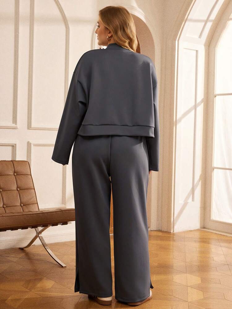 Plus Size Casual Commuter Solid Color Jacket And Pants 2 Pieces Set, Autumn  Stylish Clothing Collection Elegant Party Clothes For New Year Christmas Clothes For Women  Winter Clothes For Women