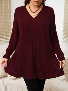 EMERY ROSE Camiseta casual holgada de mujer de talla grande con cuello en V, manga larga y diseño de botones acanalados - Burdeos - Ver 4
