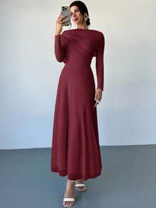 Firerie Elegante vestido maxi ajustado con cuello drapeado, volantes asimétricos en la cintura y color amarillo sólido romántico para mujeres - Burdeos - Ver 8