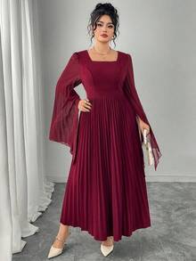 Modelyn Vestido elegante de fiesta con cuello cuadrado, drapeado y plisado para mujer de talla grande - Rojo - Ver 6
